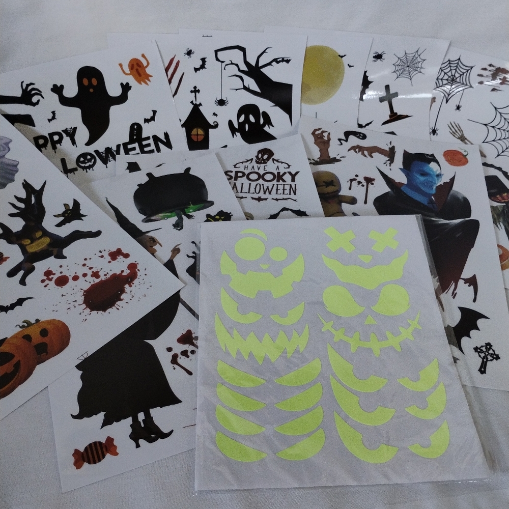 Spooky Halloween Window Decals & Glowing Jack-o'-lantern Stickers Bats Ghosts